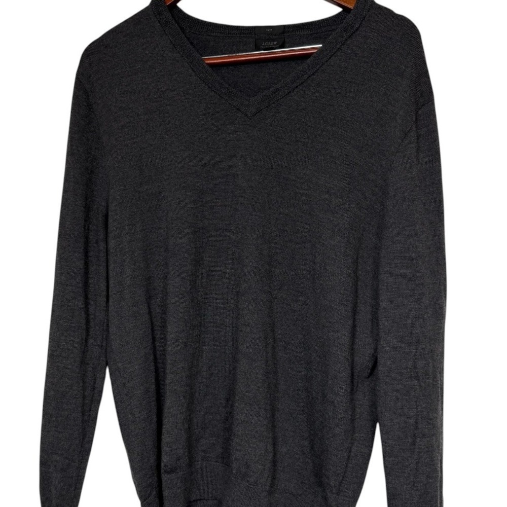 J.Crew Italian Merino Wool V Neck Sweater Mens L Slim Gray G8932 Tollegno